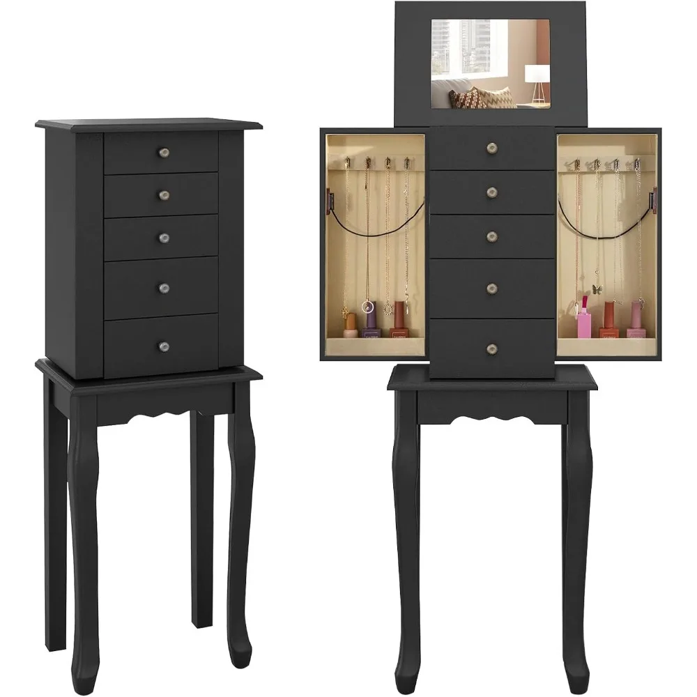 Armario para joyería con 4 cajones, espejo abatible, compartimentos de almacenamiento superiores, 2 puertas laterales con 8 ganchos para collares