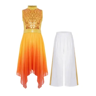 Traje de baile de alabanza de adoración litúrgica para niñas, sin mangas, dobladillo asimétrico, corpiño de lentejuelas brillantes, vestido tipo túnica + pantalones de pierna ancha