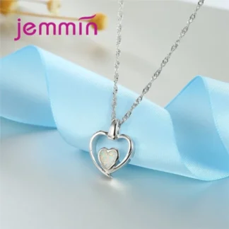 Collares con colgantes de plata de ley 925 para el Día de San Valentín para mujer, joyería de boda, collar de ópalo blanco con doble corazón, regalo