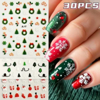 30 unids/set 3D pegatinas y calcomanías navideñas para uñas autoadhesivas copos de nieve brillantes árbol de Navidad oso diseño de regalo decoración de manicura