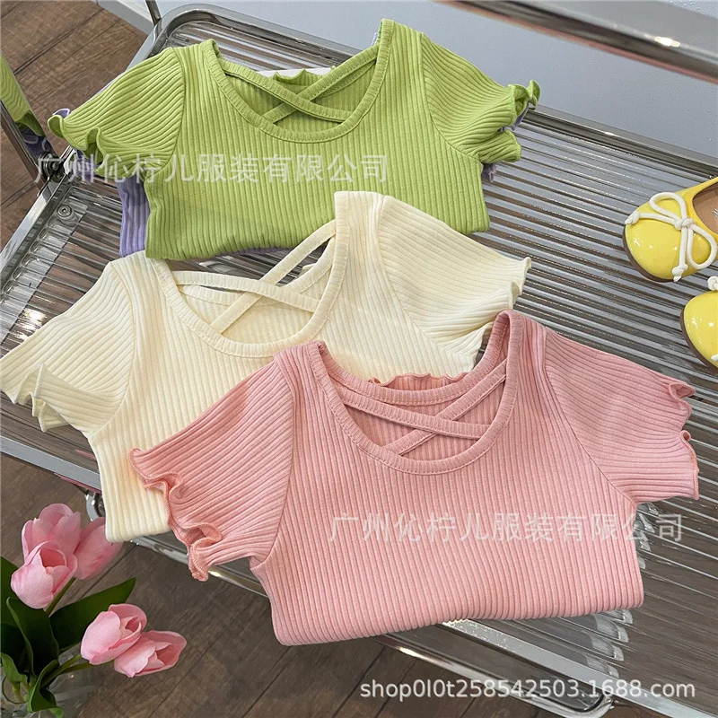 Camiseta de verano para niñas, Tops finos y suaves de manga corta, ropa informal sencilla de Color sólido para niños de 2 a 6 años, fruncido dulce
