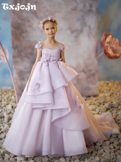 Vestidos morados de lujo con cuentas de flores 3D para niñas, vestido de princesa con lazo bonito y encantador para actuación de baile, traje de boda para niños a la venta