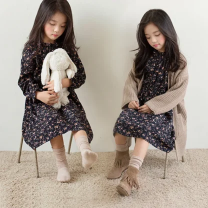 Vestido para niñas, falda Floral de manga larga de estilo coreano de otoño, vestido de princesa para niños, falda Retro estampada con cintura de otoño e invierno para niñas