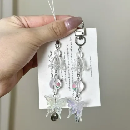 Y2K Ins-Cadena para teléfono móvil con cuentas de tulipán, llavero con cordón para teléfono con mariposa femenina, colgante de cámara a la moda para regalos de niña