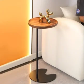 Mesa auxiliar minimalista para sofá de nogal, mesita de noche estrecha para dormitorio, mesa redonda de madera maciza, mesa de té con marco de hierro para bañera