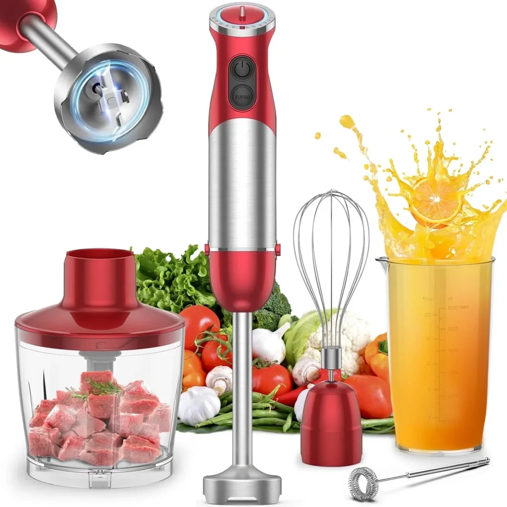 Licuadora de cocina de mano: batidora de mano multiusos 5 en 1 de 1000 vatios, batidora de palos de 12 velocidades para alimentos, sopas, purés y pasteles