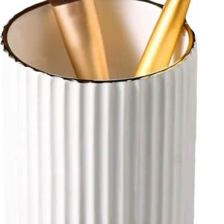 Organizador de soporte para brochas de maquillaje, soporte de almacenamiento para brochas de cerámica, vaso para brochas de maquillaje cosmético, blanco y dorado moderno