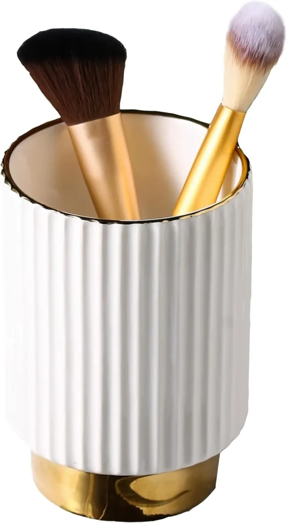 Organizador de soporte para brochas de maquillaje, soporte de almacenamiento para brochas de cerámica, vaso para brochas de maquillaje cosmético, blanco y dorado moderno