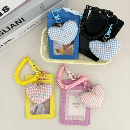 1 Juego de tarjetero de cuero PU, 2 bolsillos aptos para postales de 3 pulgadas, decoración colgante de corazón Kawaii, funda para tarjeta de escuela/identificación/autobús