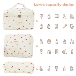 Bolsa de maquillaje acolchada para mujer, bolsa organizadora de cosméticos con patrón de cereza, bolsa de cosméticos portátil, bolso de mano para cosméticos, bolsa de aseo bonita