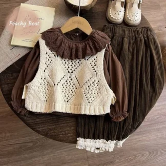 Camisa con cuello de encaje para niña, chaleco y pantalón de pana, conjunto de ropa para niño pequeño, ropa para bebé de 18M a 10 años, 3 uds.