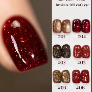 1/6 Uds 2025 nuevo otoño e invierno Nail Art diamante rojo diamante triturado Borgoña cristal ojo de gato Gel esmalte de uñas, dura 28 días