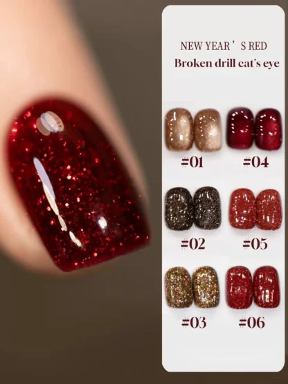 1/6 Uds 2025 nuevo otoño e invierno Nail Art diamante rojo diamante triturado Borgoña cristal ojo de gato Gel esmalte de uñas, dura 28 días