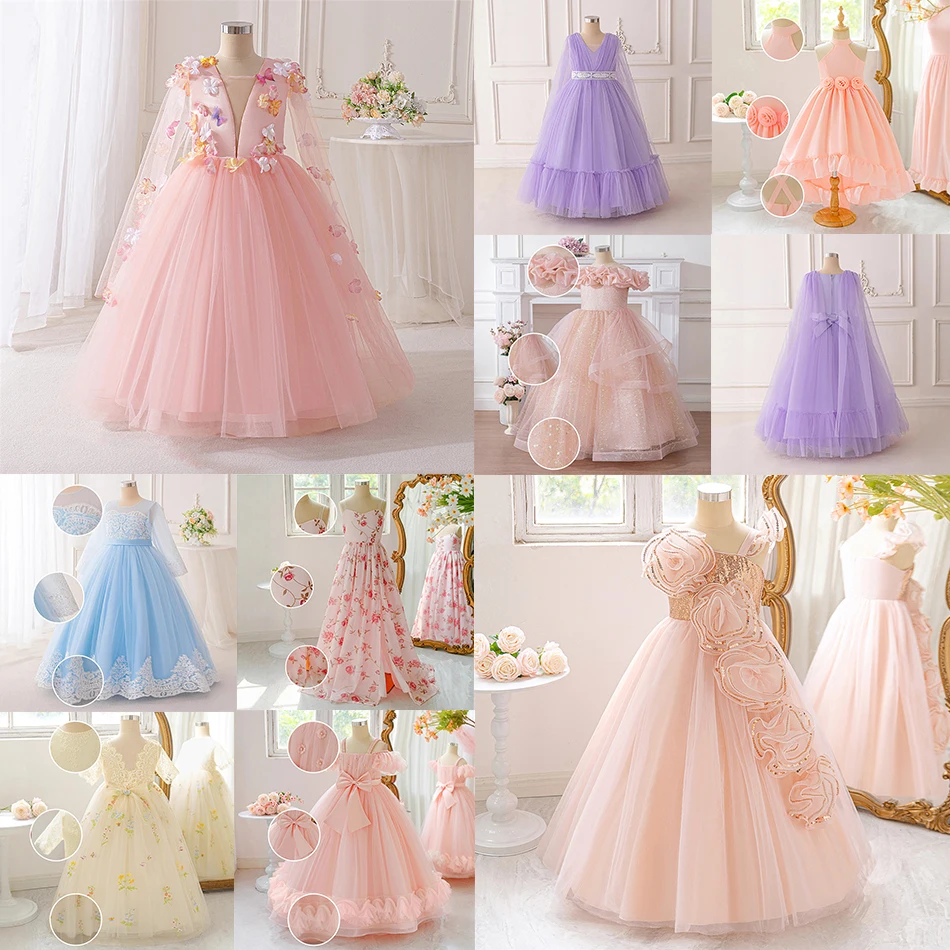 Ropa de princesa de hadas de flores para niñas, vestido de malla con lentejuelas y lazo, vestido Floral de cola, trajes de noche para actuación de baile para niños