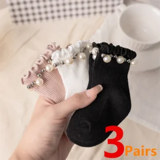 3 par/lote calcetines de perlas para niñas primavera otoño calcetines lindos de princesa para niños calcetines de tubo corto de encaje de algodón suave para niños de 0 a 7 años