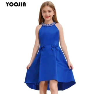 Vestido de flores para niñas, elegante vestido de dama de honor de satén, sin mangas, con cuentas brillantes, decoración con lazo, corte en A, vestidos de graduación para desfile