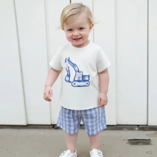Ropa para niños pequeños, camisetas de manga corta bordadas con excavadora, pantalones cortos a cuadros, conjunto de ropa de verano para bebés