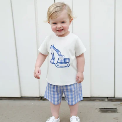 Ropa para niños pequeños, camisetas de manga corta bordadas con excavadora, pantalones cortos a cuadros, conjunto de ropa de verano para bebés