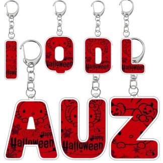 Kawaii Hello Kitty A-Z letra Halloween impreso llavero acrílico Anime lindo dibujos animados estudiantes llavero joyería colgante encanto regalos