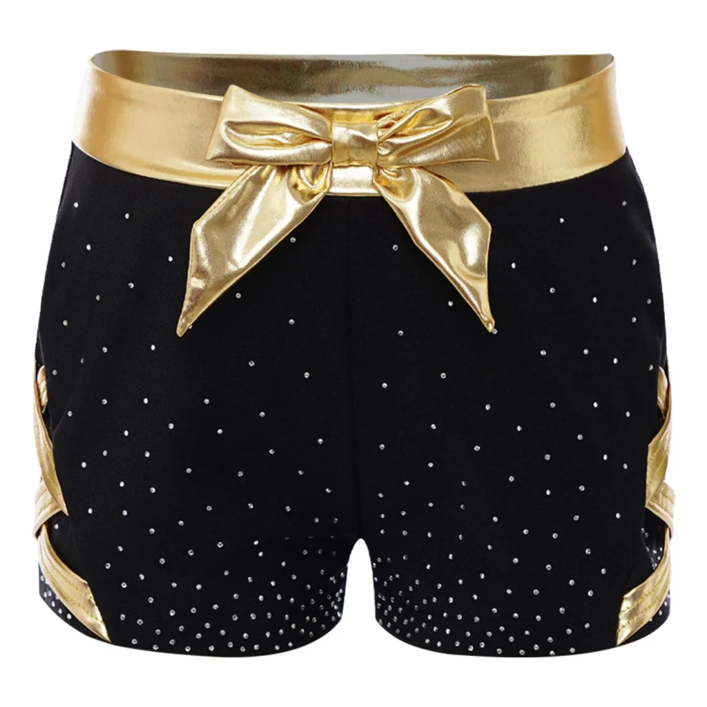 Pantalones cortos deportivos de gimnasia para niños y niñas, pantalones cortos con lazo metálico, cintura elástica, lados entrecruzados, pantalones cortos con diamantes de imitación brillantes