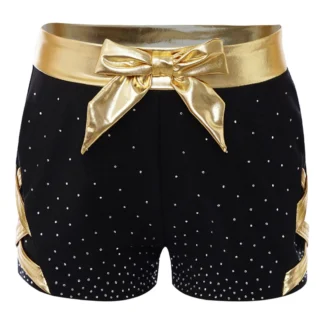 Pantalones cortos deportivos de gimnasia para niños y niñas, pantalones cortos con lazo metálico, cintura elástica, lados entrecruzados, pantalones cortos con diamantes de imitación brillantes