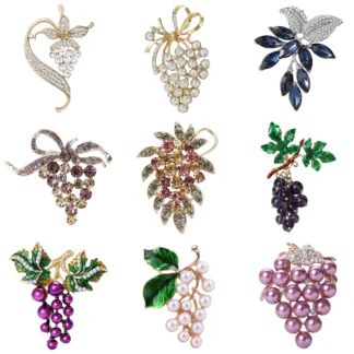 Broches de uva con diamantes de imitación de lujo para mujer, alfileres de plantas y frutas con perlas Unisex, accesorios informales para fiesta, regalos nuevos, decoración para amigos