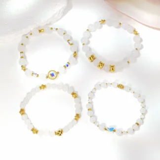 Lii Ji Pulsera elástica de acero inoxidable dorado de 6/8 mm de jade blanco natural