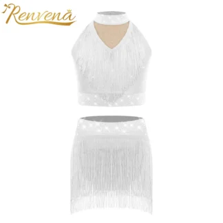 Traje de baile latino para niñas, trajes con flecos de Salsa y Samba, trajes de actuación de dos piezas con lentejuelas, vestido de fiesta de salón y baile