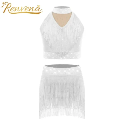 Traje de baile latino para niñas, trajes con flecos de Salsa y Samba, trajes de actuación de dos piezas con lentejuelas, vestido de fiesta de salón y baile
