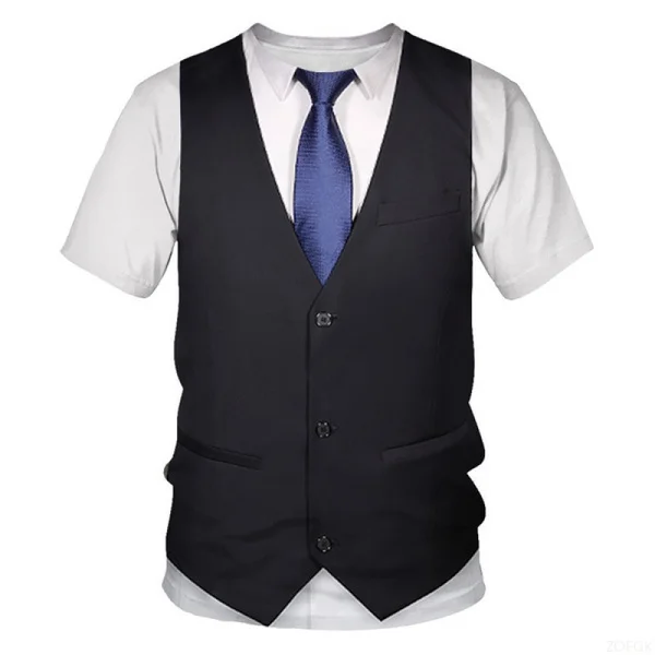 Moda de verano, traje falso divertido, camiseta 3D, pajarita de esmoquin, camisetas estampadas en 3D, ropa de calle de verano para hombres