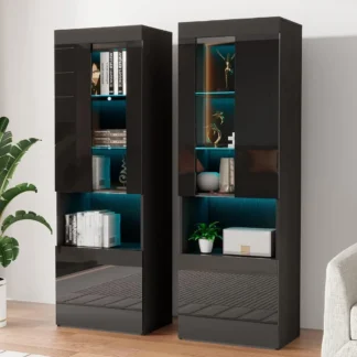 Gabinete de almacenamiento de estantería de 2 piezas y 71 pulgadas de alto con puertas de vidrio, estantería LED moderna de alto brillo con 5 niveles para almacenamiento