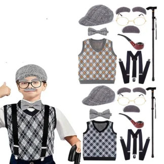 Conjunto de disfraz de abuelo para niños de 100 días de escuela, disfraz de anciano de 3 a 12 años, chaleco, sombrero, accesorios, vestido de Halloween, traje elegante