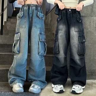Pantalones vaqueros desgastados Vintage con bolsillo para niñas Y2K, pantalones vaqueros de calle a la moda para adolescentes, pantalones vaqueros holgados Cargo para niños