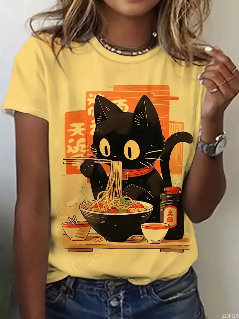 Camiseta con estampado 3D de gato y pato de Anime para mujer, camisetas informales de moda con dibujos animados de gran tamaño, camisetas de manga corta, ropa de mujer Animal Y2k