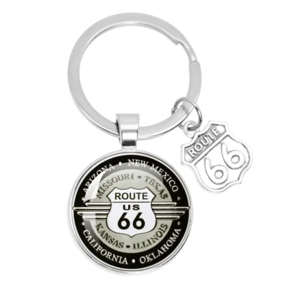 ROUTE 66 llavero motocicleta coche llavero hecho a mano arte foto cabujón de cristal llavero titular mujeres hombres joyería regalo