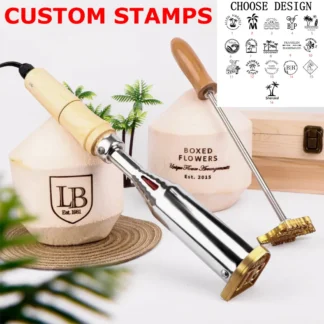 Sello de hierro de marca de coco personalizado, sellos calefactores con logotipo personalizado con mango para manualidades de fiesta de hamburguesas y pasteles de cuero y madera