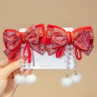 Nueva pinza para el pelo para niños, tocado Hanfu para niñas, lazo, accesorio para el cabello rojo de Año Nuevo Chino, accesorios navideños