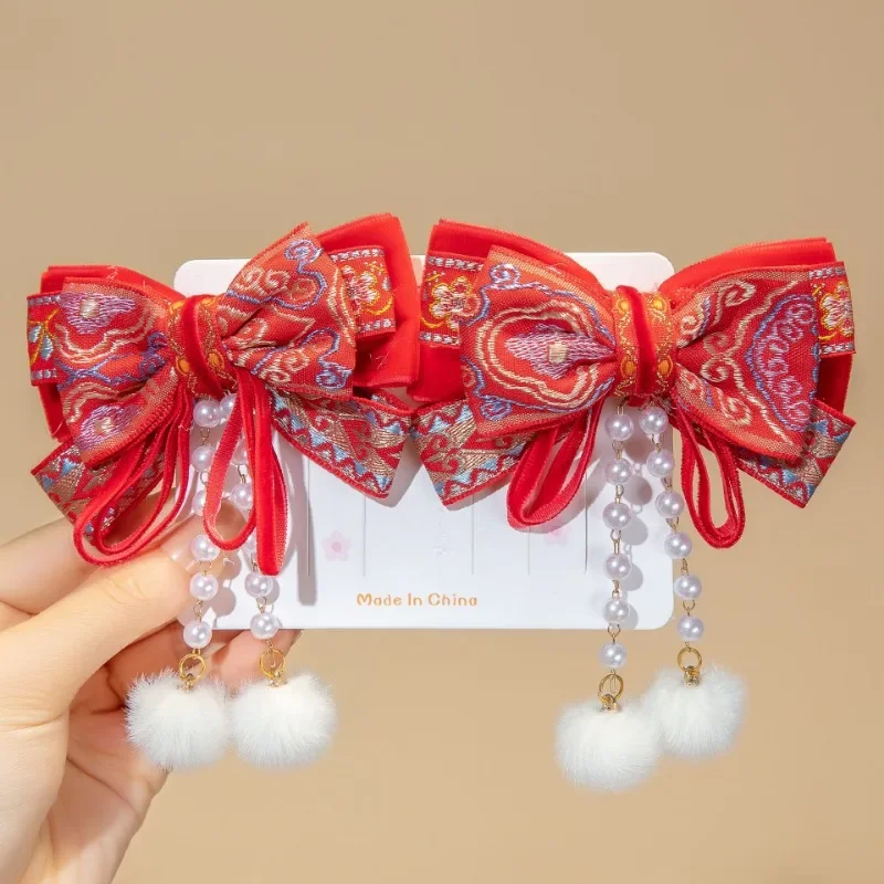 Nueva pinza para el pelo para niños, tocado Hanfu para niñas, lazo, accesorio para el cabello rojo de Año Nuevo Chino, accesorios navideños