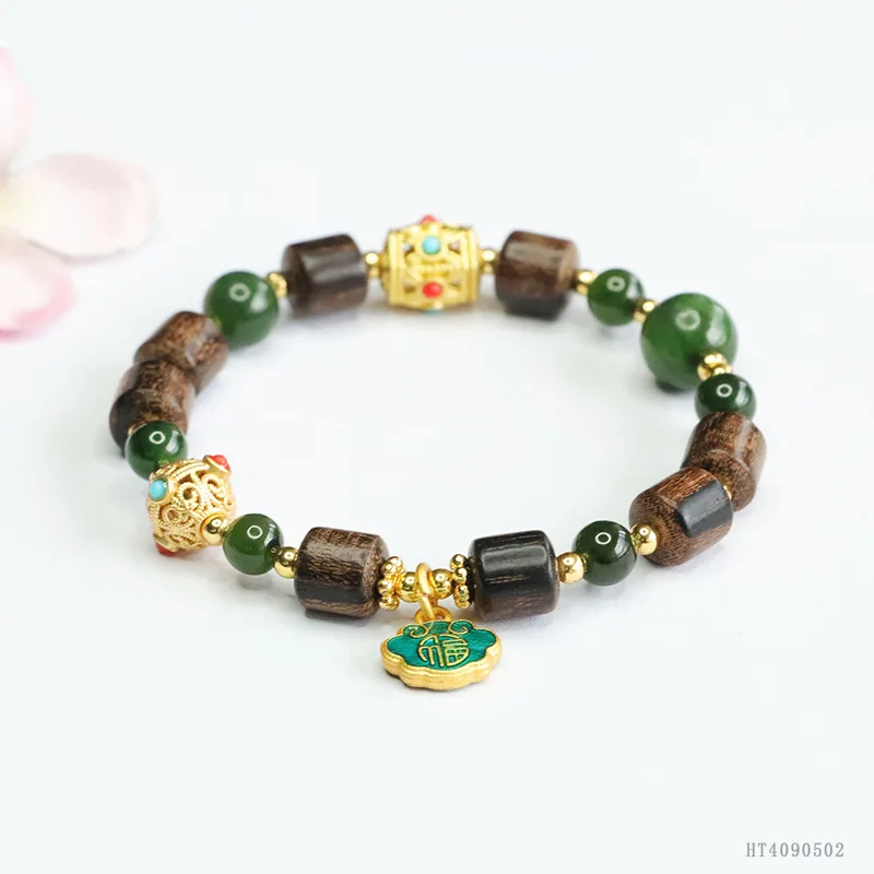 Pulsera de cuentas de jaspe HeTian Natural y madera de águila, joyería de piedras preciosas de lujo del patrimonio neoclántico