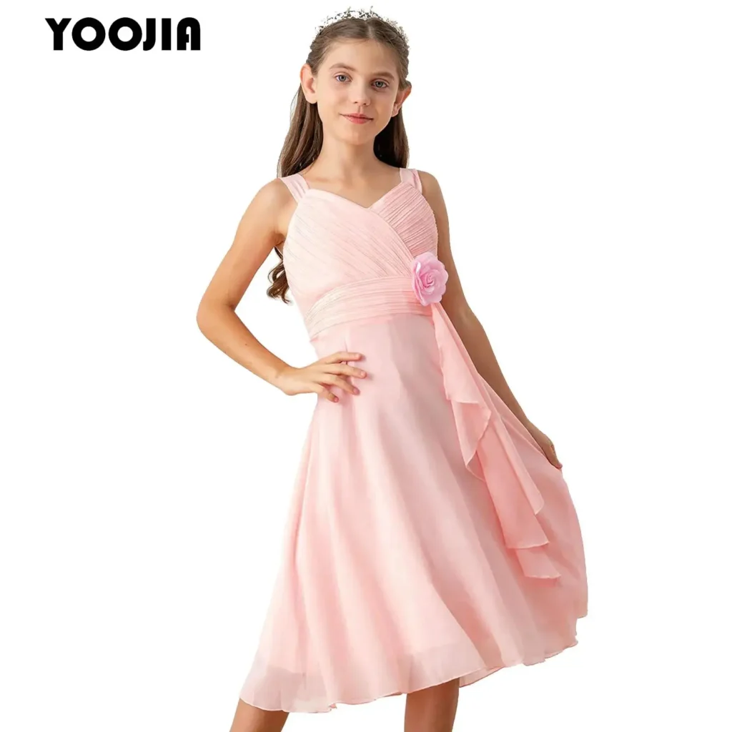 Apliques niños vestidos de flores para niñas elegante sin mangas corpiño fruncido vestido de gasa para fiesta de princesa boda cumpleaños vestido de graduación