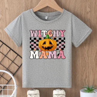 Camiseta de Halloween para niña, estampado de letras de bruja mamá, estampado de calabaza, top de manga corta con cuello redondo moderno y versátil