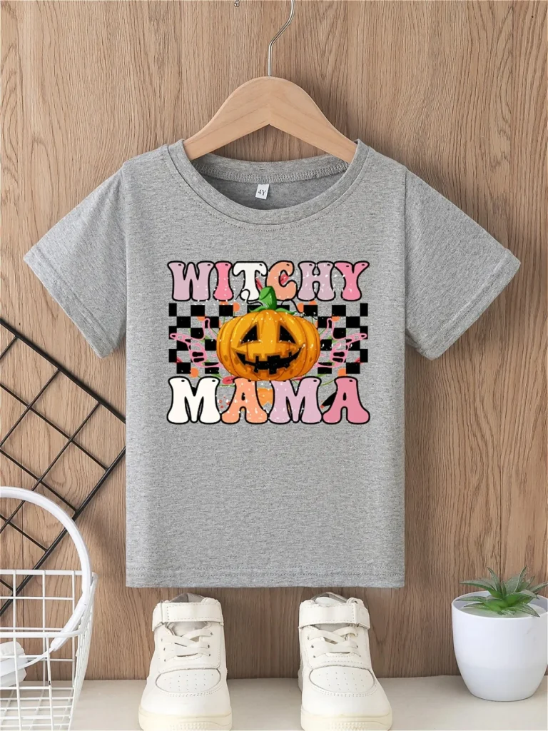 Camiseta de Halloween para niña, estampado de letras de bruja mamá, estampado de calabaza, top de manga corta con cuello redondo moderno y versátil