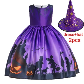 Disfraces de Halloween con estampado de calabaza y fantasma de murciélago para niña, disfraz de carnaval, vestido de fiesta de cumpleaños para niñas, ropa gótica de boda para niños