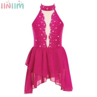 Disfraz de gimnasia para actuación de patinaje artístico para niñas, vestido de baile lírico moderno, sin mangas, leotardo de malla con diamantes de imitación, tutú