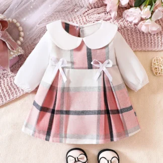 Vestido a cuadros de algodón para niños, cuello de solapa, manga larga, lazo, rosa, lindo vestido de bebé