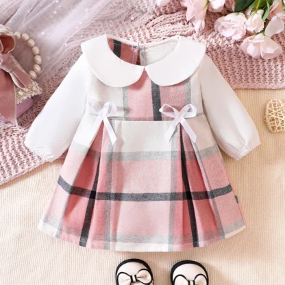 Vestido a cuadros de algodón para niños, cuello de solapa, manga larga, lazo, rosa, lindo vestido de bebé