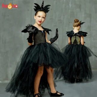 Vestido tutú negro de Ángel oscuro para niñas, tren con cuello en V, desfile para niñas, vestido de fiesta de noche, vestidos elegantes, disfraz de bruja de Halloween para niños