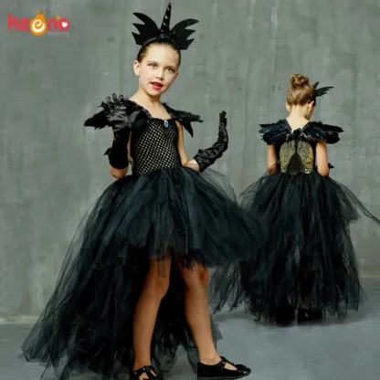 Vestido tutú negro de Ángel oscuro para niñas, tren con cuello en V, desfile para niñas, vestido de fiesta de noche, vestidos elegantes, disfraz de bruja de Halloween para niños