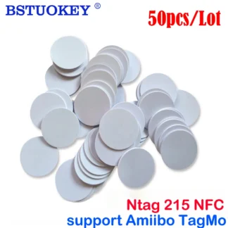 50 pzas/lote Ntag215 etiquetas NFC pegatina teléfono disponible sin etiquetas adhesivas etiqueta RFID 25mm 13,56 MHz Ntag 215 moneda NFC etiqueta clave para el hogar