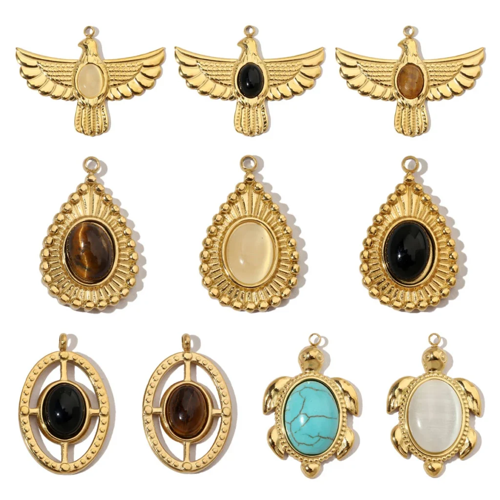Lote de 3 unidades de dijes Diy de acero inoxidable con piedra Natural de águila francesa, colgante de collar de tortuga para mujer, joyería de ojo de tigre en forma de gota de agua